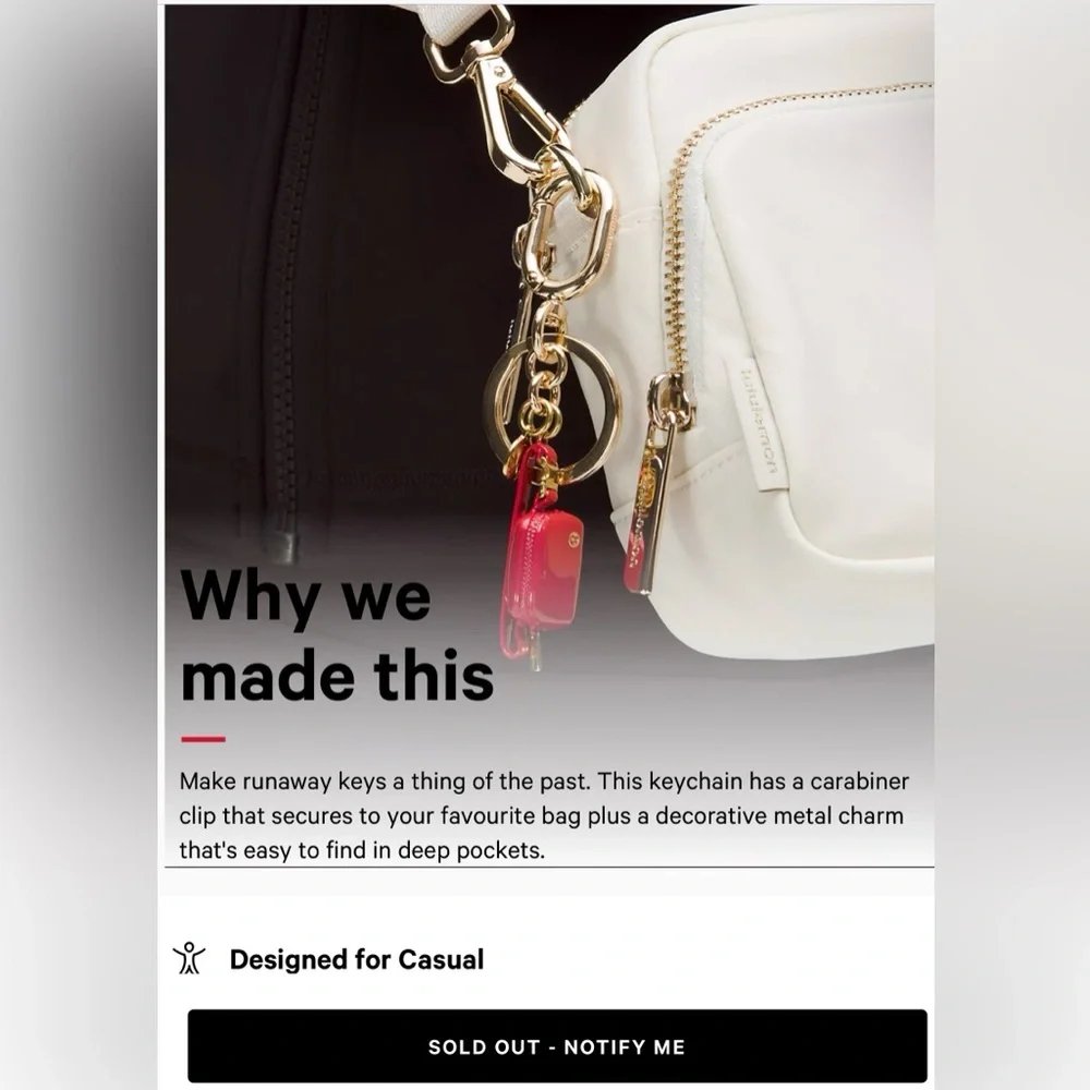 Lululemon Everywhere Belt Bag Charm Keychain, Red,Gold, NWT